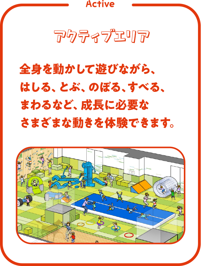 アクティブエリア　全身を動かして遊びながら、はしる、とぶ、のぼる、すべる、まわるなど、成長に必要なさまざまな動きを体験できます。